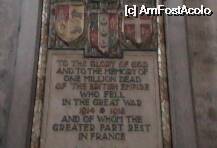 [P15] Pe o placă de pe un perete din Catedrala Notre-Dame din Reims stă scris: 
'Întru gloria Domnului şi în memoria celor un milion de morţi din Imperiul Britanic în Marele Război, 1914-1918, dintre care cea mai mare parte odihnesc în Franţa' » foto by Costi
 - 
<span class="allrVoted glyphicon glyphicon-heart hidden" id="av36319"></span>
<a class="m-l-10 hidden" id="sv36319" onclick="voting_Foto_DelVot(,36319,2239)" role="button">șterge vot <span class="glyphicon glyphicon-remove"></span></a>
<a id="v936319" class=" c-red"  onclick="voting_Foto_SetVot(36319)" role="button"><span class="glyphicon glyphicon-heart-empty"></span> <b>LIKE</b> = Votează poza</a> <img class="hidden"  id="f36319W9" src="/imagini/loader.gif" border="0" /><span class="AjErrMes hidden" id="e36319ErM"></span>