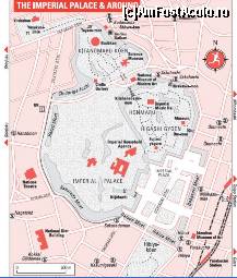 P10 [FEB-2013] Harta zonei Palatului Imperial. Observati cele 3 insule: 1. cea a Palatului Imperial; 2. Higashi-Goen si 3. Kitanomaru-Koen. Tokyo Station e in dreapta, iar Sanctuarul Yasukuni, in partea de sus a hartii. Distantele sunt mari! 