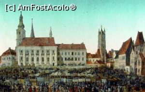 [P05] Franz Neuhauser - Târgul din Piața Mare (cca 1790). De remarcat acoperișul Turnului Sfatului: acele patru turnulețe înseamnă că orașul avea dreptul de a pronunța pedeapsa cu moartea în cadrul unui proces. De asemenea, de observat clădirile din dreapta: aveau mai multe etaje decât au azi. » foto by adso <span class="label label-default labelC_thin small">NEVOTABILĂ</span>
